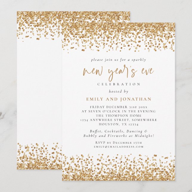 Glam Gold Glitzer Silvester White Einladung (Vorne/Hinten)