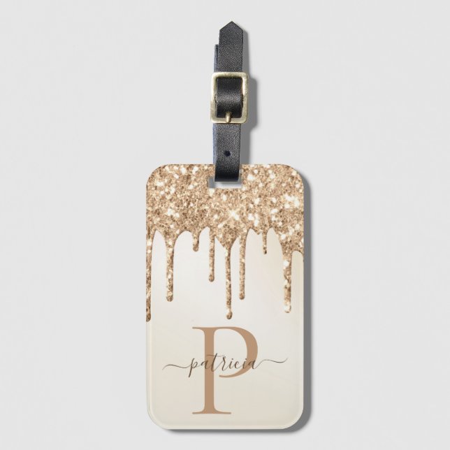 Glam Gold Glitzer Tropfen Elegantes Monogramm Gepäckanhänger (Vorderseite Vertikal)