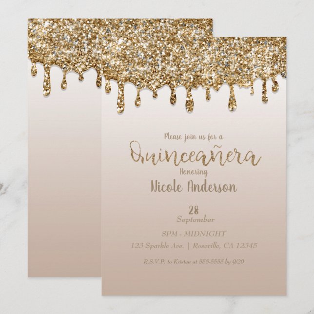 Glam Gold Glitzer Tropfen Quinceañera 15 Geburtsta Einladung (Vorne/Hinten)