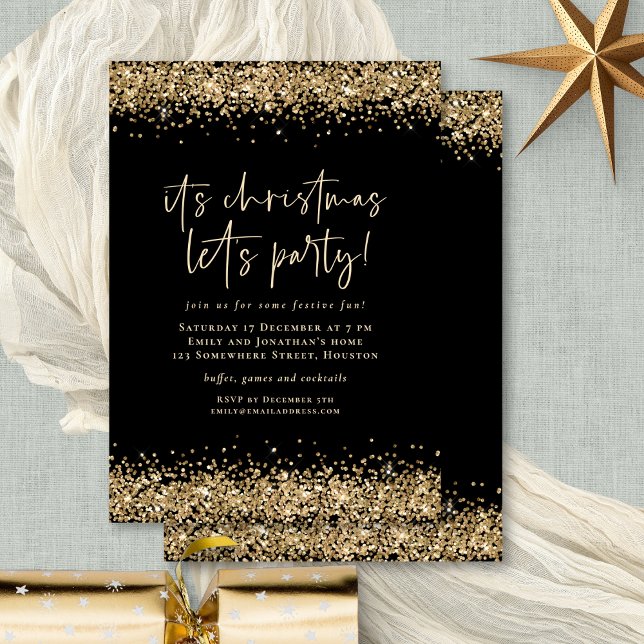 Glam Gold Glitzer Weihnachten Lasse Party Black Einladung (Front and back view)