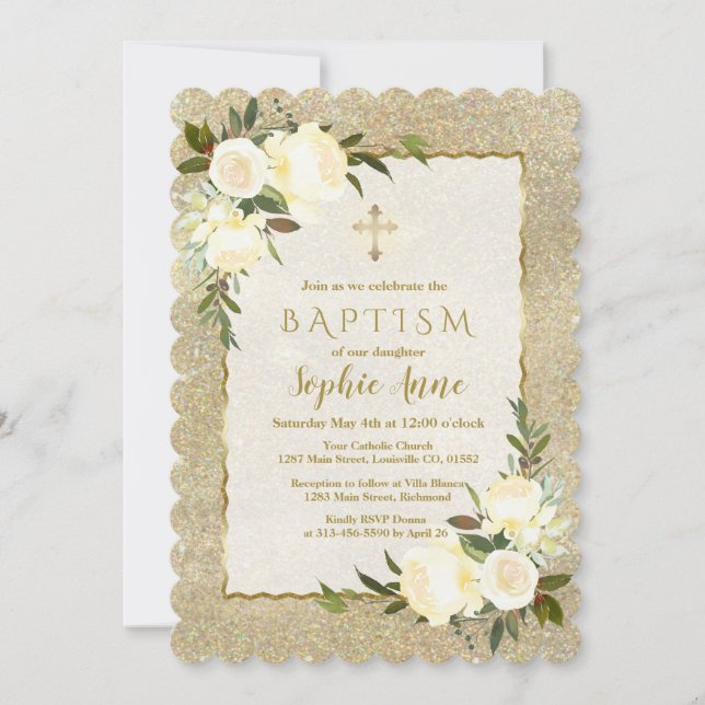 Glam Gold Glitzer White Floral Gold Cross Taufe Einladung (Vorderseite)