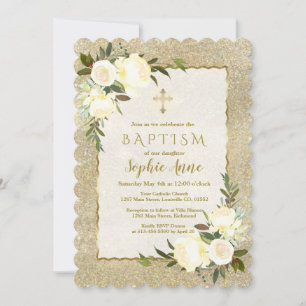 Glam Gold Glitzer White Floral Gold Cross Taufe Einladung