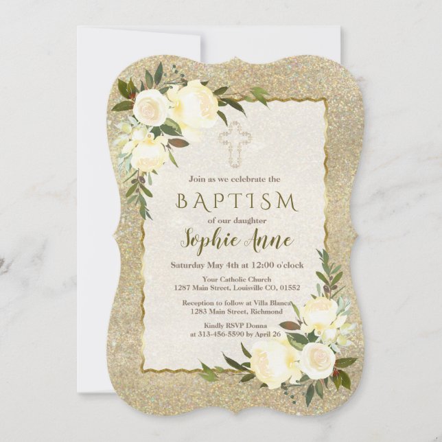 Glam Gold Glitzer White Floral Taufe einladen Einladung (Vorderseite)