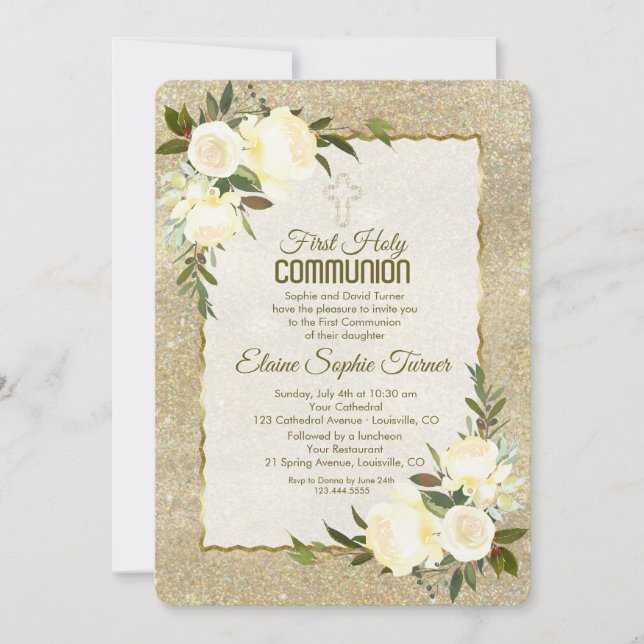 Glam Gold Glitzer White Roses Erste Heilige Kommun Einladung (Vorderseite)