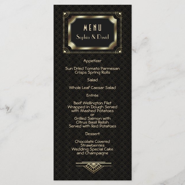 Glam Gold Great Gatsby Art Deco 20s Wedding Menu Menükarte (Vorderseite)