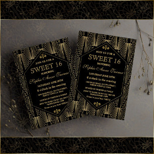 Glam Gold Great Gatsby Art Deco Sweet 16 Party Einladung