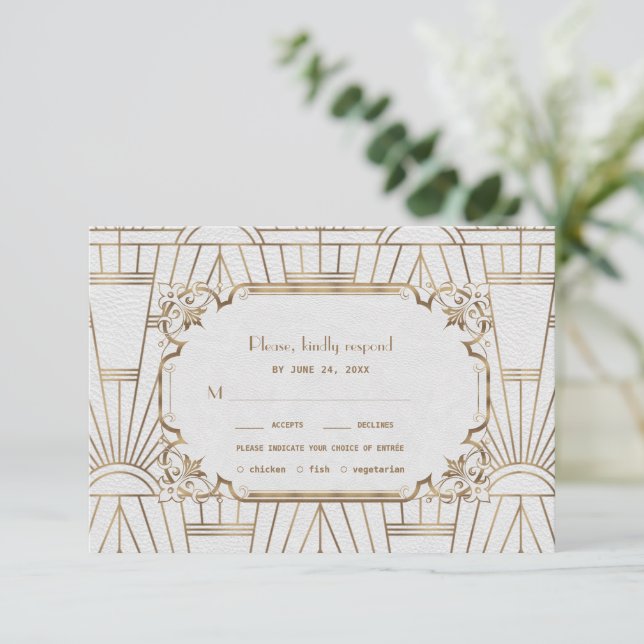 Glam Gold Great Gatsby White Art Deco 20er Hochzei RSVP Karte (Stehend Vorderseite)