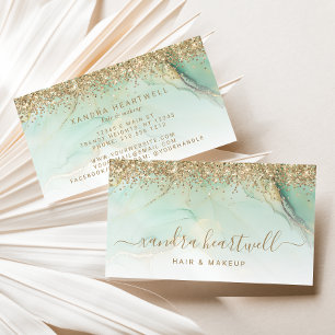 Glam Gold Green Marble Glitzer Script Visitenkarte