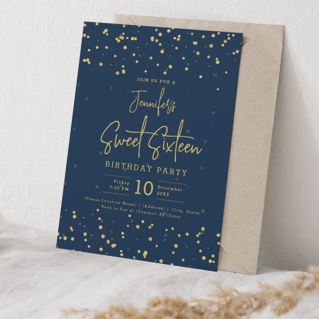 Glam Gold Imitats Foil Dots Sweet 16 Navy Blue Einladung (Glam Gold Faux Foil Dots Sweet 16 Navy Blue Invitation)