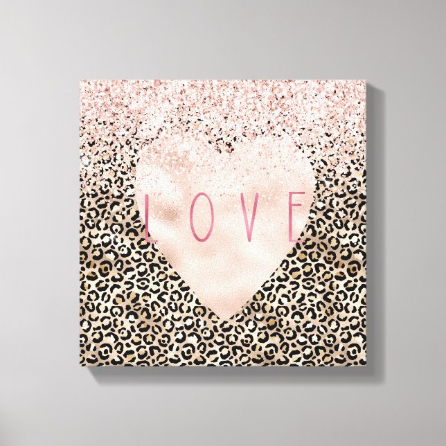 Glam Gold Leopard Print Pink Glitzer Liebe Herz Leinwanddruck (Vorderseite)