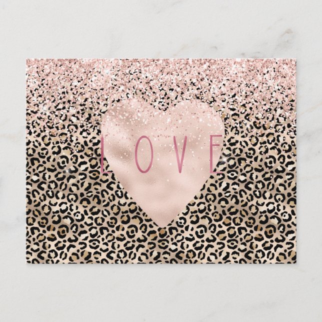 Glam Gold Leopard Print Pink Glitzer Liebe Herz Postkarte (Vorderseite)