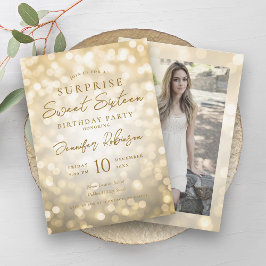 Glam Gold Lights Foto ÜBERRASCHUNG Sweet 16 Einladung