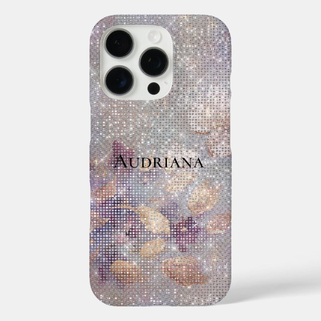 Glam Gold Lila Floral Sparkle iPhone 16 Pro Hülle (Rückseite)