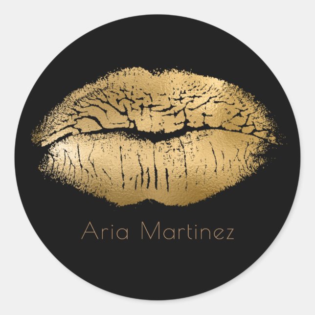 Glam Gold Lips Kiss Black Makeup Personalisiert Runder Aufkleber (Vorderseite)
