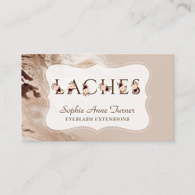 Glam Gold Marble Floral Letter EyeLash Erweiterung Visitenkarte (Vorderseite)