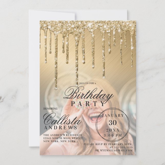 Glam Gold Metallic Glitzer Tropfen Foto Birthday Einladung (Vorderseite)