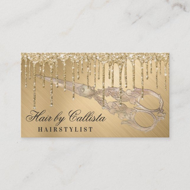 Glam Gold Metallic Glitzer Tropfen Haarschere Visitenkarte (Vorderseite)