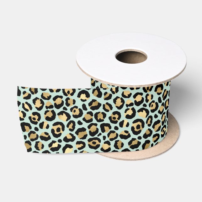 Glam Gold Minze Green Leopard Print     Satinband (Spule)
