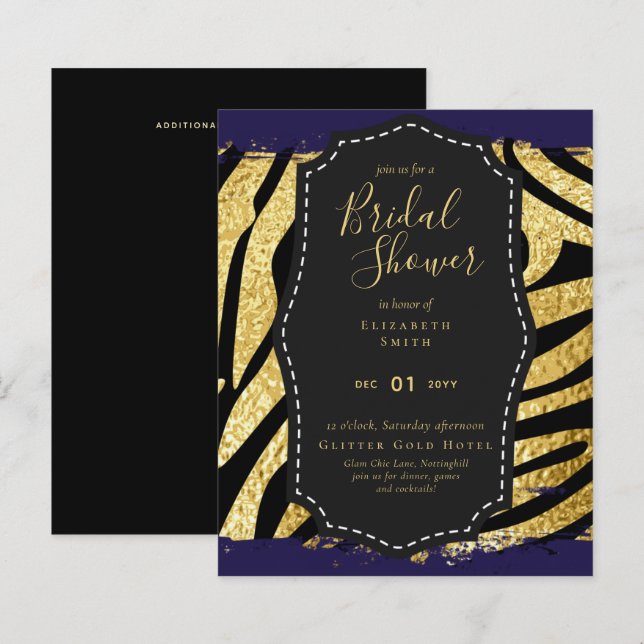 Glam Gold Navy Brautparty Einladung Tier (Vorne/Hinten)