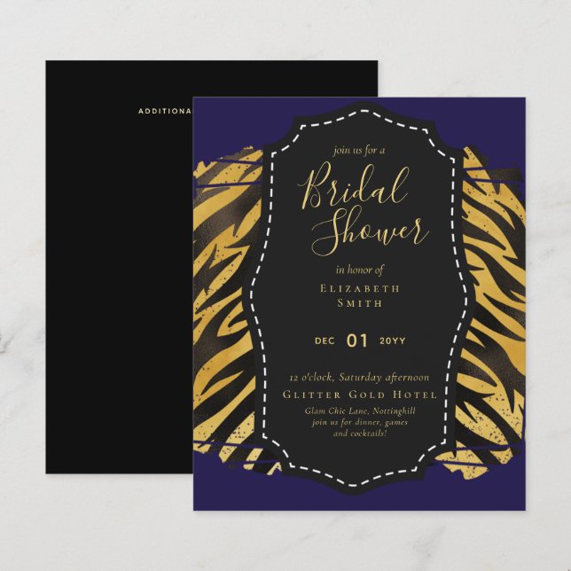 Glam Gold Navy Brautparty Einladung Tier (Vorne/Hinten)