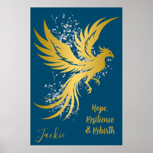 Glam Gold Phoenix Silver Glitzer Monogram Blue Poster