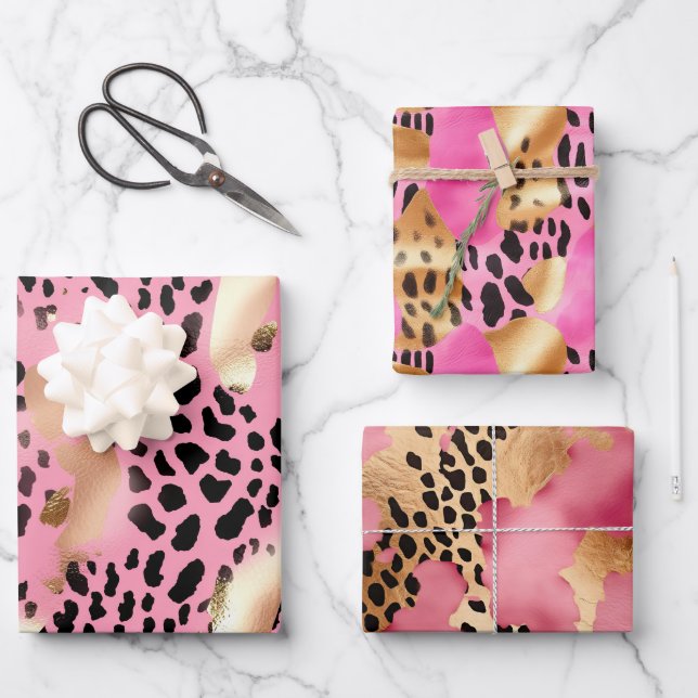 Glam Gold Pink Black Leopard Print Geschenkpapier Set (Vorderseite)