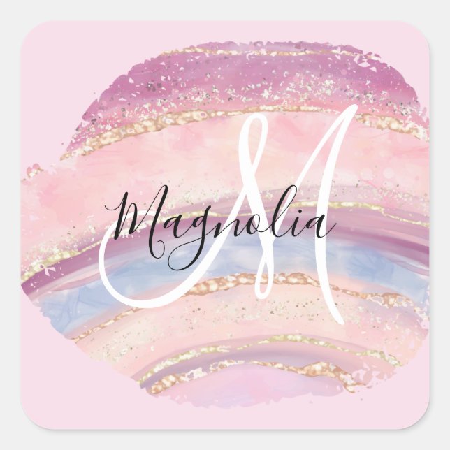Glam Gold Pink Blauer Edelsteine Pinselstriche Mon Quadratischer Aufkleber (Vorderseite)
