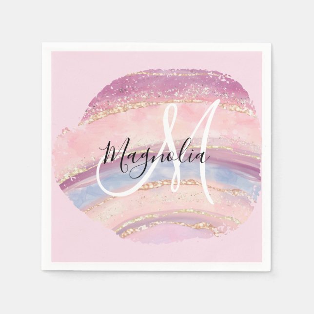 Glam Gold Pink Blauer Edelsteine Pinselstriche Mon Serviette (Vorderseite)