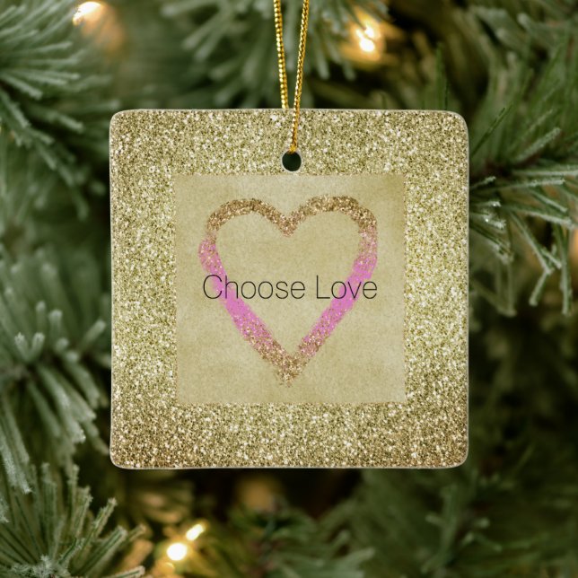Glam Gold Pink Glitzer Herz Keramikornament (Baum)