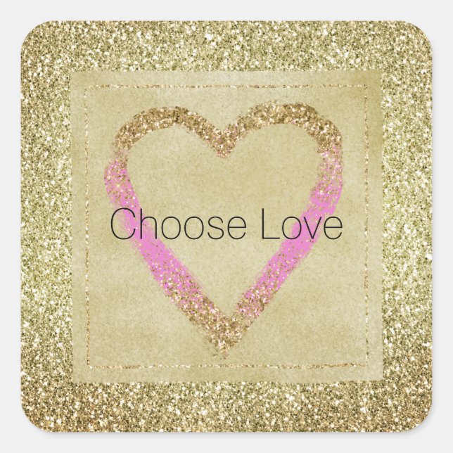 Glam Gold Pink Glitzer Herz Quadratischer Aufkleber (Vorderseite)