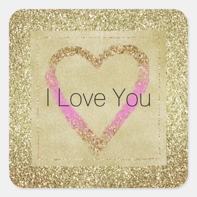 Glam Gold Pink Glitzer Herz Quadratischer Aufkleber (Vorderseite)