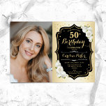Glam Gold Schwarz-weiß 50. Foto Geburtstag Einladung<br><div class="desc">Elegante florale feminine 50. Geburtstagseinladung mit Ihrem Foto. Glam-Design mit Imitat Gold. Enthält weiße Rosen,  Skript-Schriftart und Konfetti. Ideal für ein stilvolles Party für Erwachsene. Personalisieren Sie Ihre persönlichen Daten. Kann für jedes Alter angepasst werden! Gedruckte Zazzle Einladungen oder Sofortdownload digitalen druckbaren Vorlage.</div>