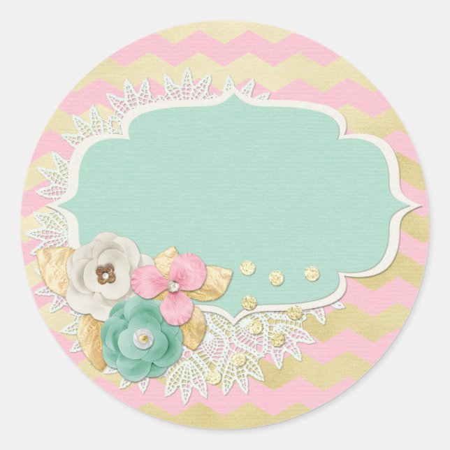 Glam Gold & Shabby Chic Rosa Blume Doily Craft Runder Aufkleber (Vorderseite)