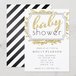 Glam Gold Sparkle Black and White Baby Dusche Einladung