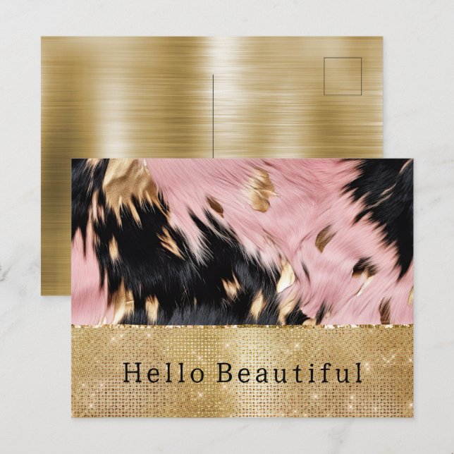 Glam Gold Sparkle Pink Black Cowhide Postkarte (Vorne/Hinten)