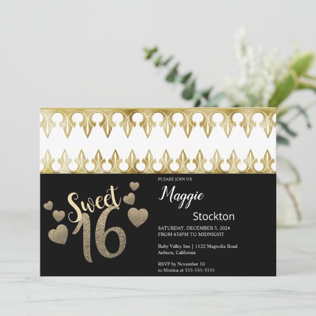 Glam Gold Sweet 16 Invitation (Debout devant)