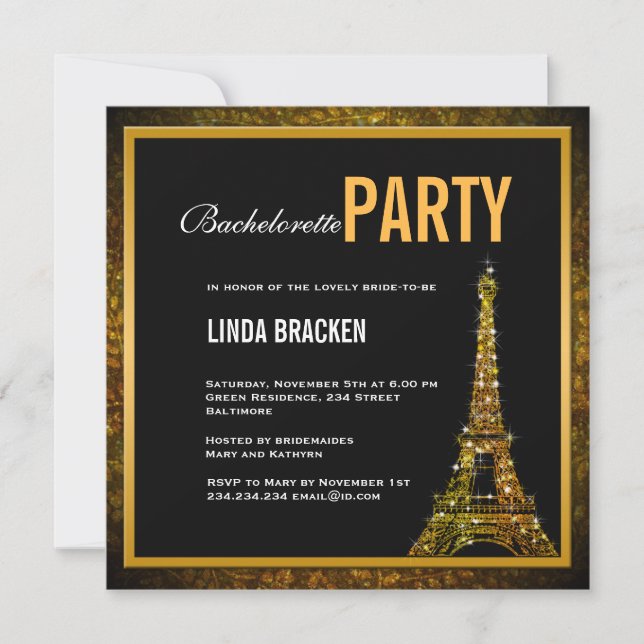 Glam Gold Tour Eiffel Invitation Bachelorette (Devant)