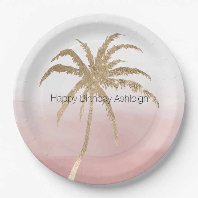 Glam Gold Tropical Palm Pink ombre Pappteller (Vorderseite)