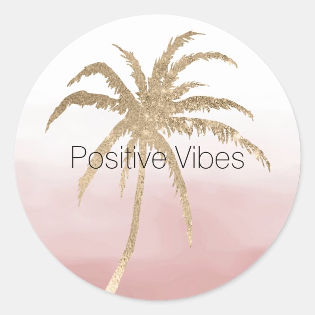 Glam Gold Tropical Palm Pink ombre Runder Aufkleber (Vorderseite)