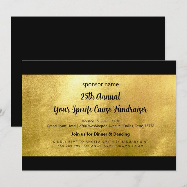 Glam Gold und Black Elegante Fundraiser Einladung (Vorne/Hinten)
