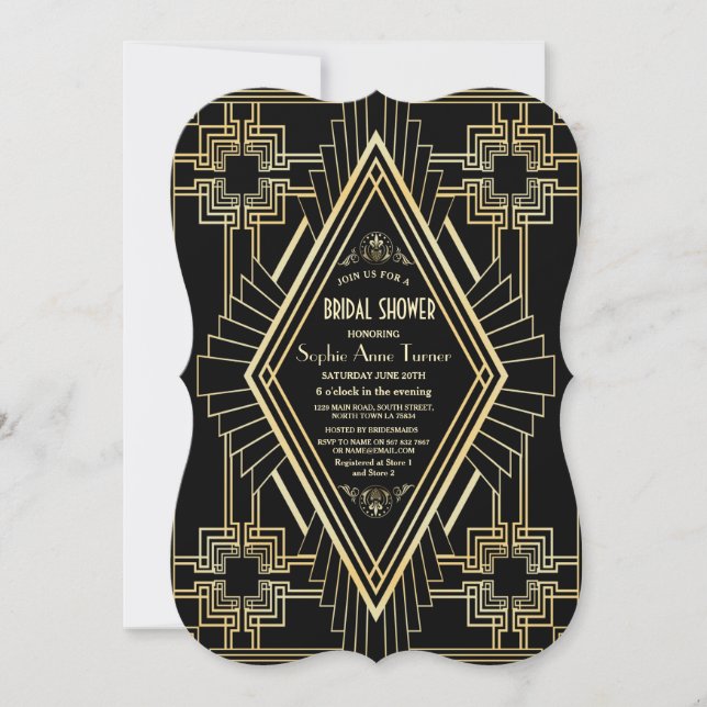 Glam Gold und Black Great Gatsby Brautparty Einladung (Vorderseite)