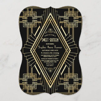 Glam Gold und Black Great Gatsby Sweet 16 Einladung