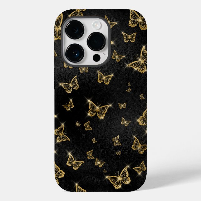 Glam Gold und schwarze Schmetterlinge Muster Case-Mate iPhone 14 Pro Hülle (Rückseite)
