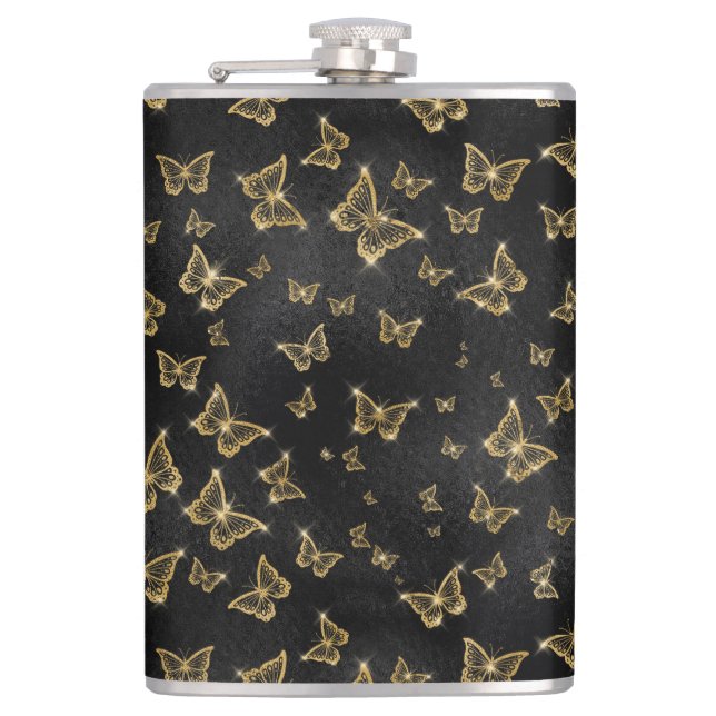 Glam Gold und schwarze Schmetterlinge Muster Flachmann (Vorderseite)