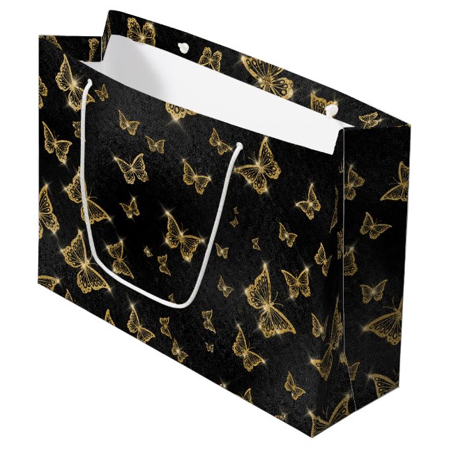 Glam Gold und schwarze Schmetterlinge Muster Große Geschenktüte (Vorderseite Schrägansicht)