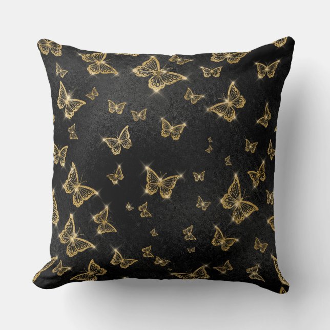 Glam Gold und schwarze Schmetterlinge Muster Kissen (Vorderseite)