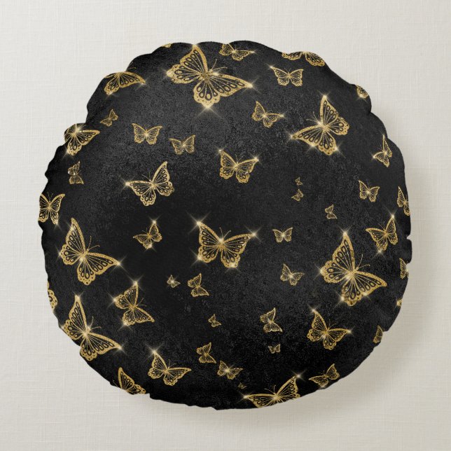 Glam Gold und schwarze Schmetterlinge Muster Rundes Kissen (Vorderseite)