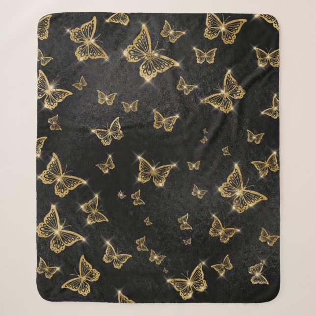 Glam Gold und schwarze Schmetterlinge Muster Sherpadecke (Vorderseite)