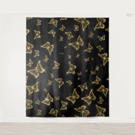 Glam Gold und schwarze Schmetterlinge Muster Wandteppich