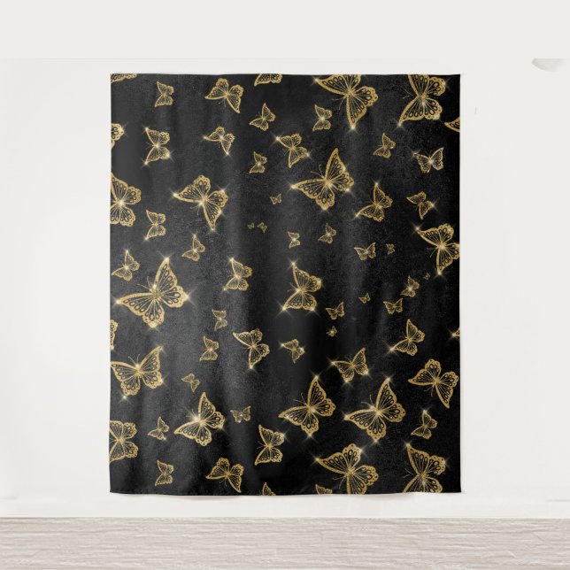 Glam Gold und schwarze Schmetterlinge Muster Wandteppich (Vorderseite)